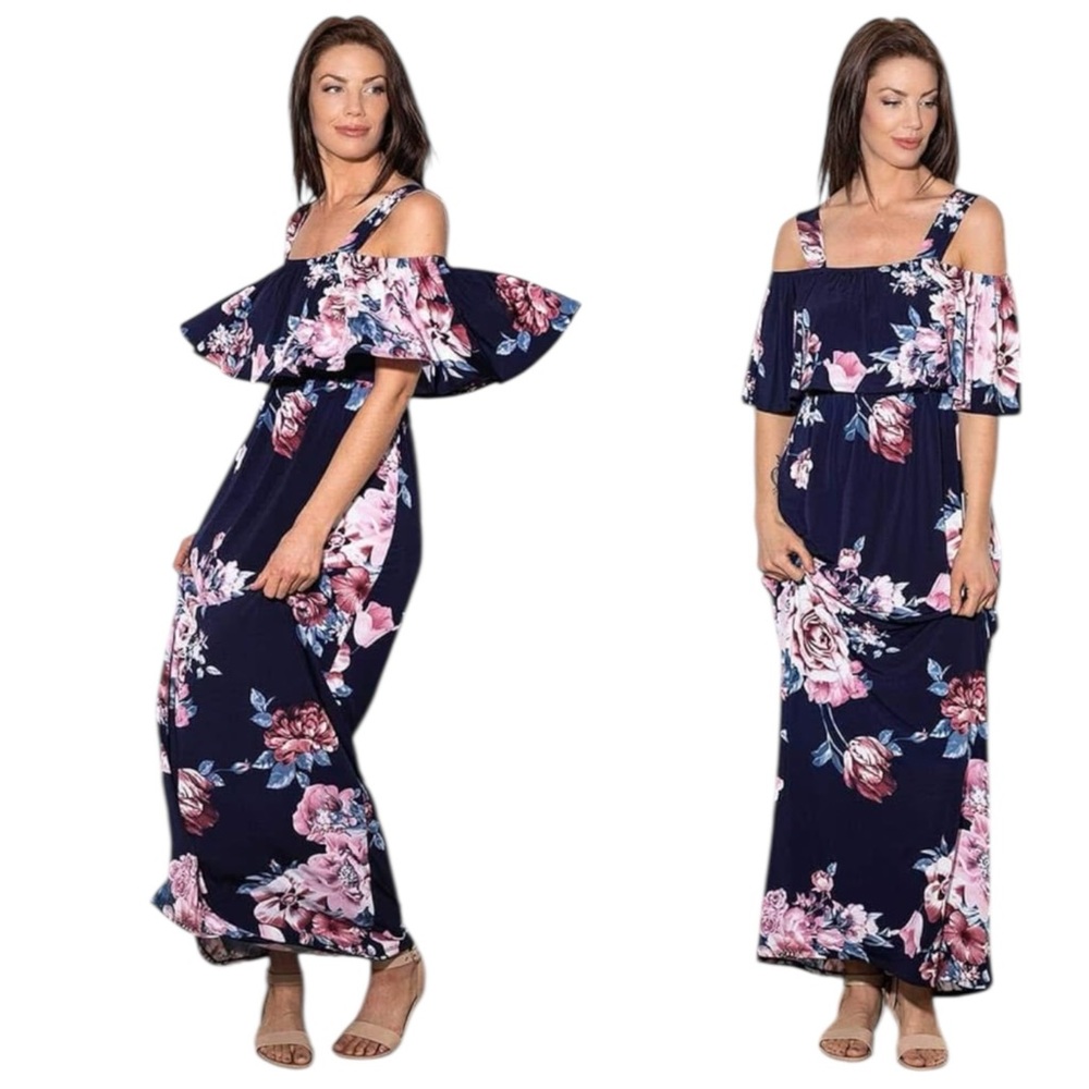 Vanilla Bay Floral Off-Shoulder Maxi Dress Blue Pink Rose Summer Coastal Dress